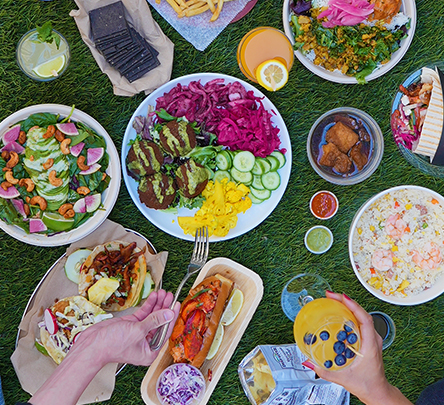 People are eating food on a lawn.