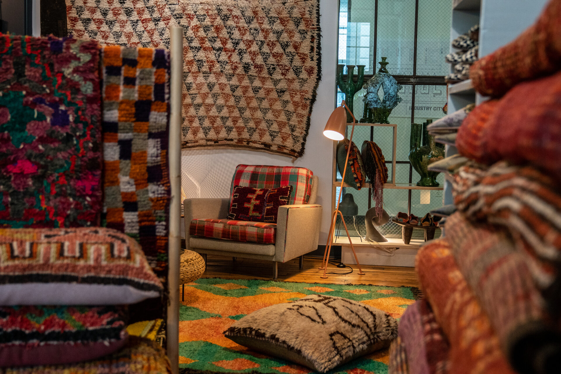 The interior of a rug store.
