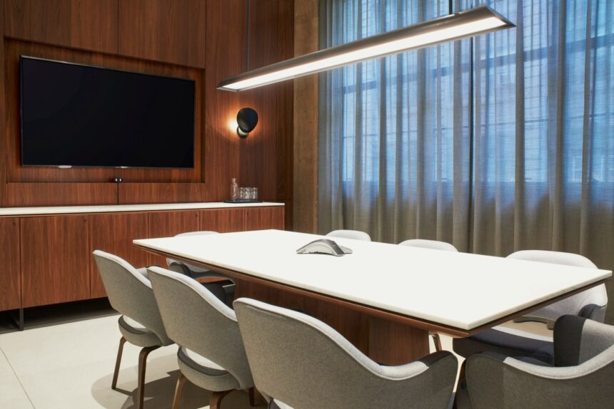 The interior of a conference room.