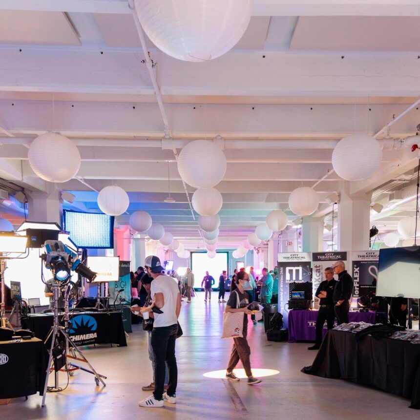 The interior of an event space where a convention is going on.